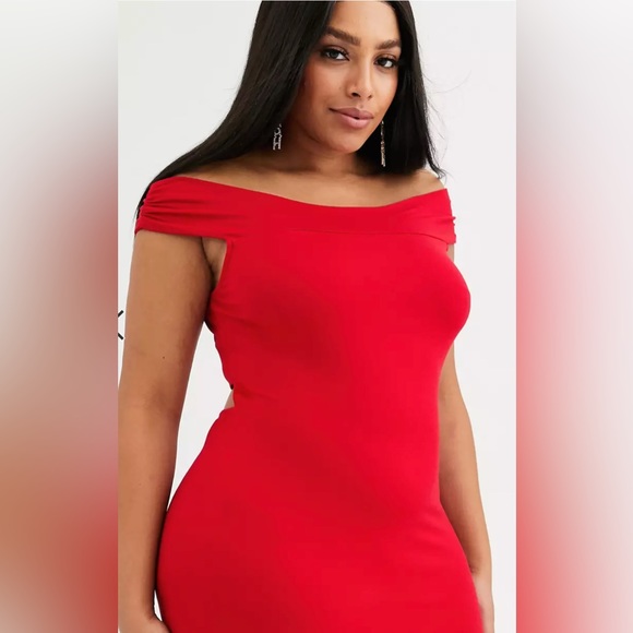 ASOS DESIGN Curve Back Cut Out, Off the Shoulder Red Dress - Picture 3 of 4